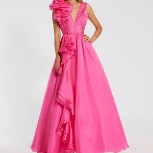 Mac Duggal Deep V-neck sleeveless ruffled shoulder Evening Gown